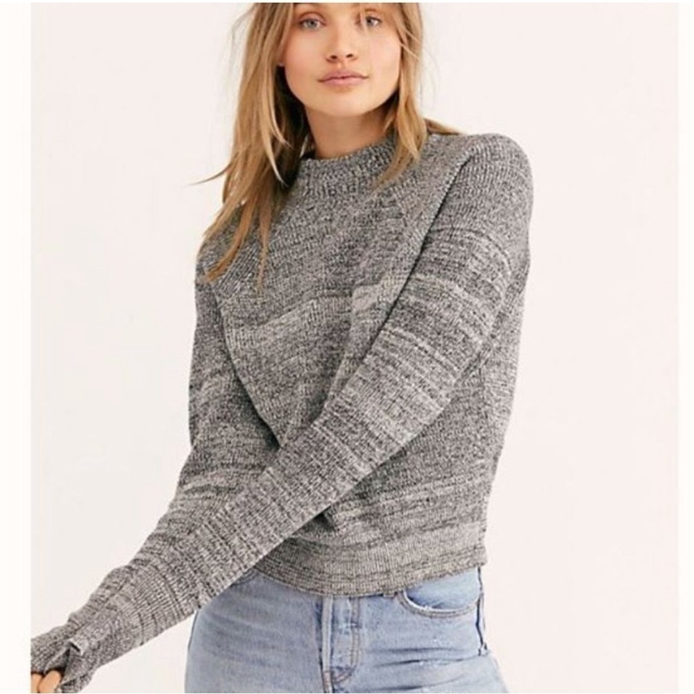 Free People | Too Good Gray Marled Cotton Knit Mockneck‎ Pullover Sweater Medium